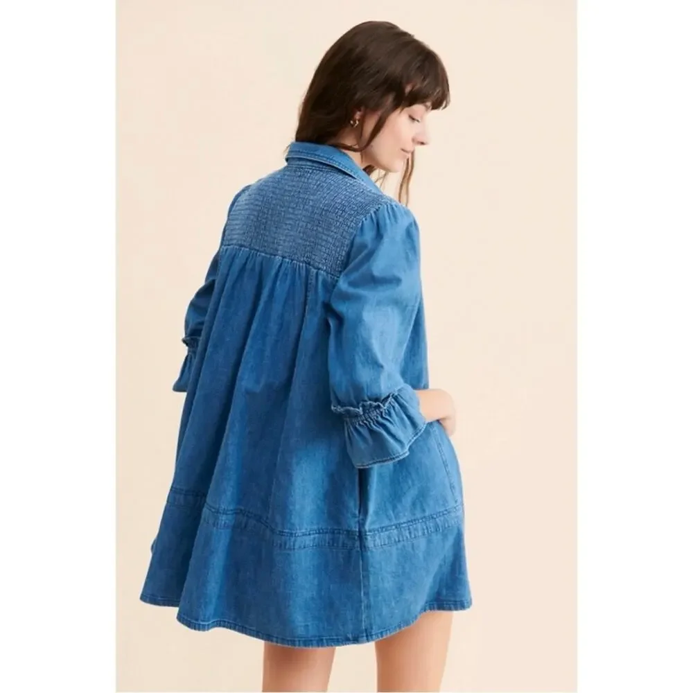 Free People Western Bohemian Vanessa Denim Tunic Top Shirt Dress Size Medium